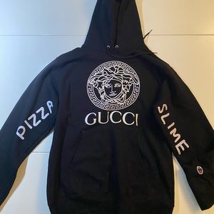 Black hoodie with Gucci Vuitton Chanel logos